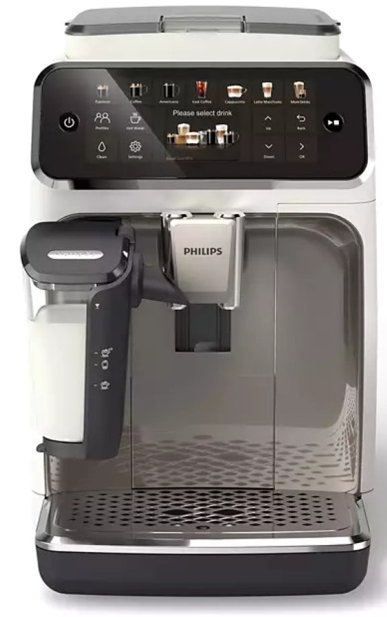 Biało-czarny ekspres do kawy z ekranem dotykowym. Posiada pojemnik na mleko.