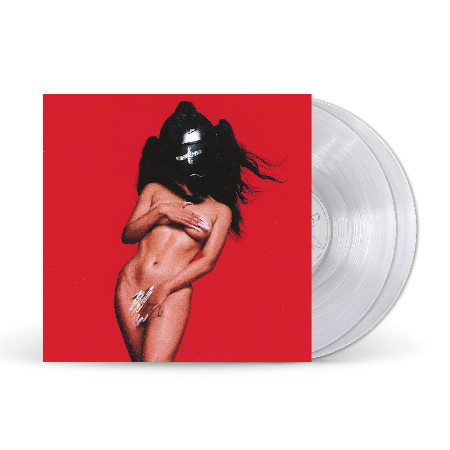 Albumcover mit nackter Frau, Körper bedeckt, roter Hintergrund und zwei klare Vinylplatten.