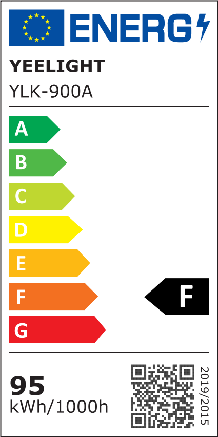 Etykieta energetyczna z ocenami od A do G. Pokazuje 95 kWh/1000h i ocenę F.