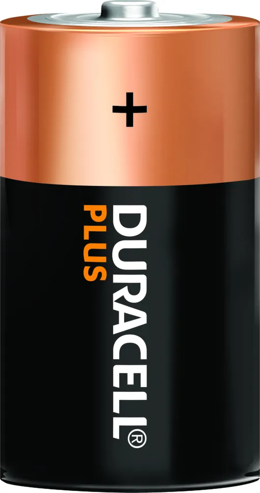 Una batteria Duracell Plus, parte superiore in rame con un segno più, corpo nero con testo bianco.