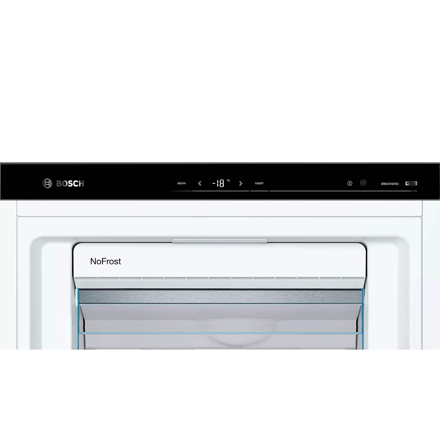 Primo piano di un congelatore. Pannello nero con display della temperatura e logo Bosch.