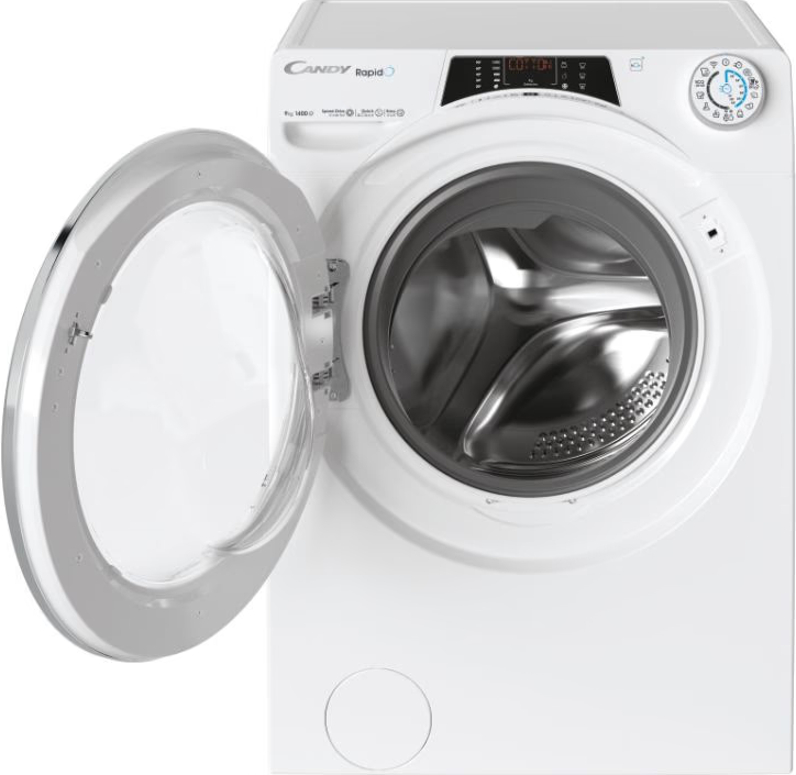 Lave-linge blanc avec la porte ouverte. Le panneau de contrôle est visible, la machine est isolée.