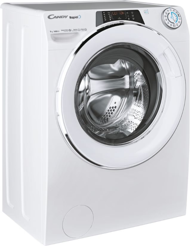 Lave-linge blanc avec porte en verre et panneau de commande.