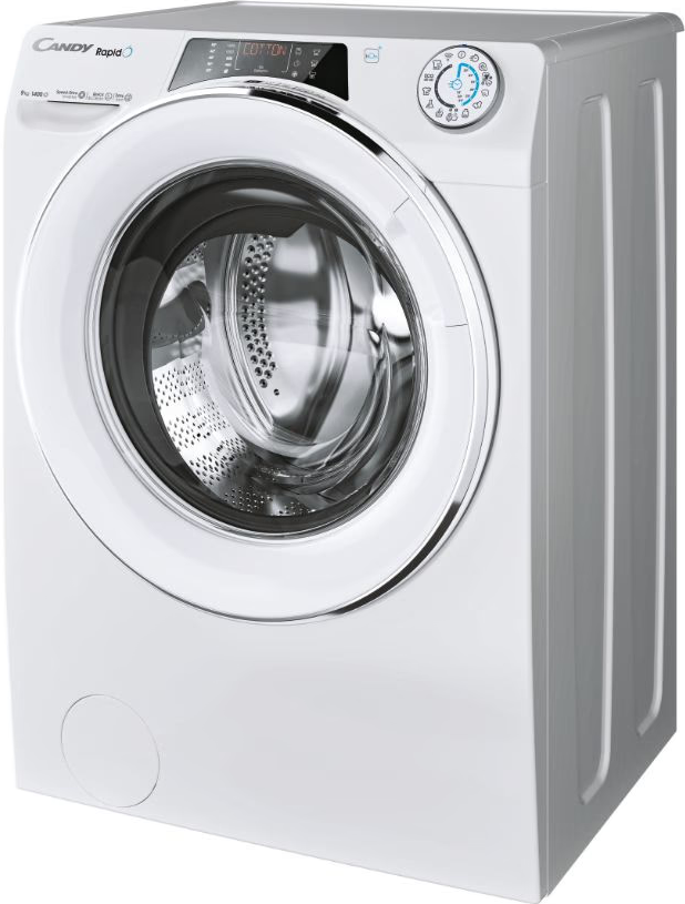 Lave-linge blanc avec porte en verre et panneau de commande.