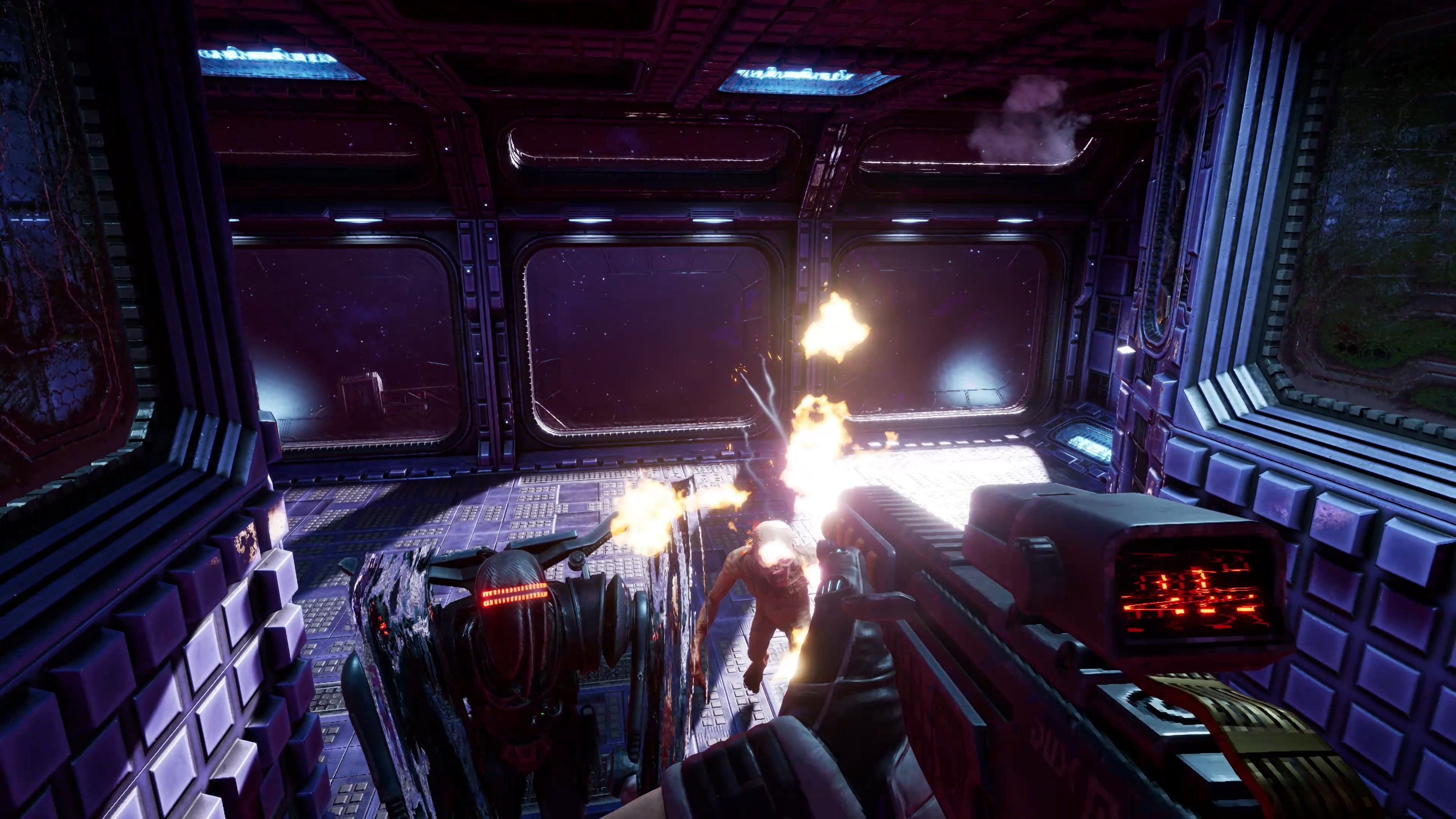 Ego-Perspektive einer Sci-Fi-Shooter-Spielszene mit Explosionen und futuristischen Feinden.