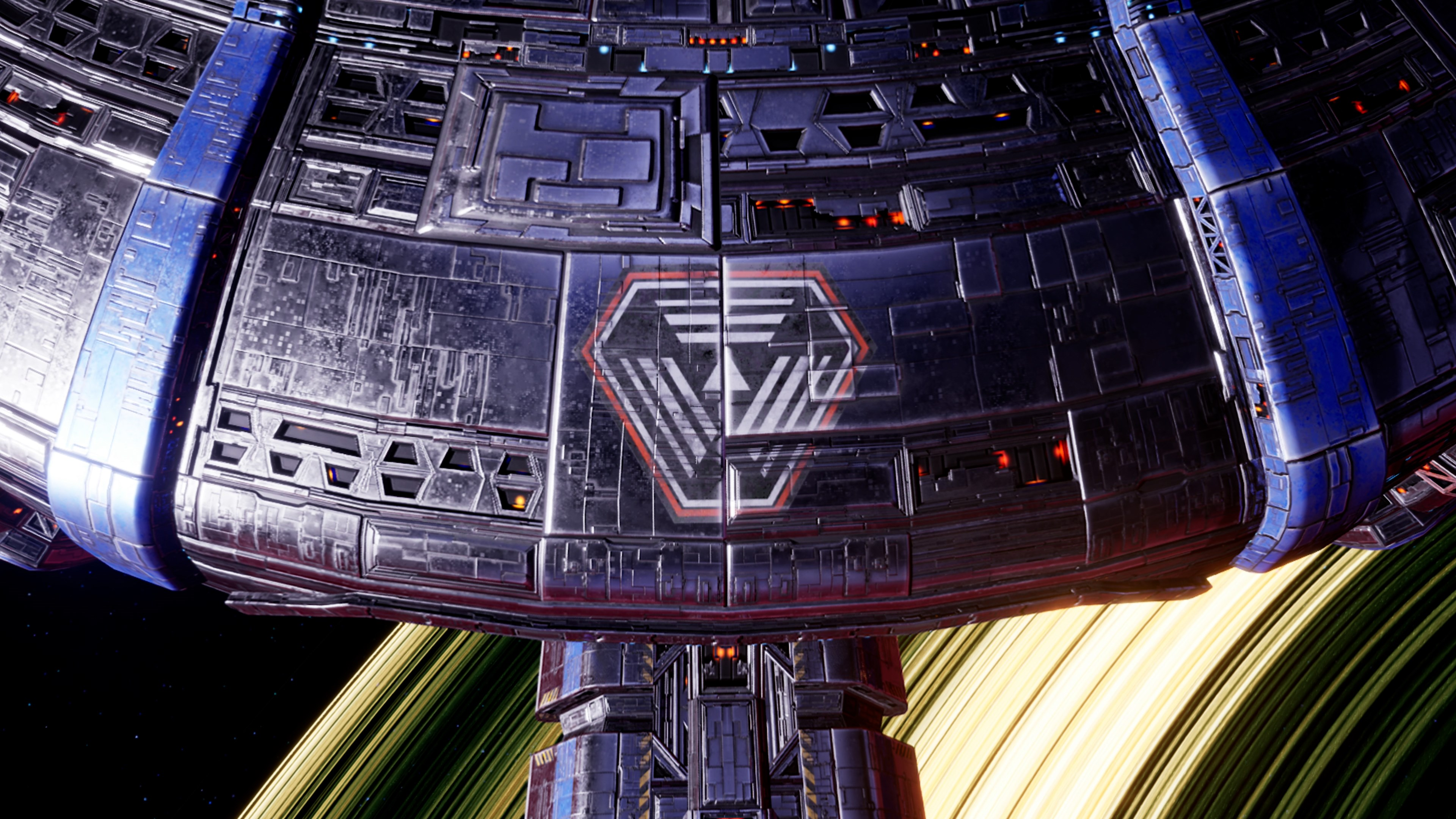 Raumstation mit Logo. Ringförmiger Planet im Hintergrund.