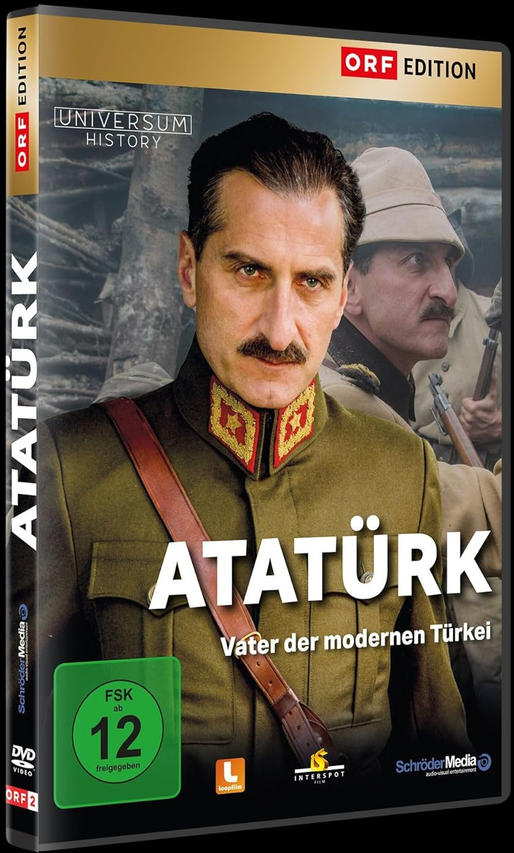 DVD-Hülle eines Films über Atatürk, mit einem Mann in Uniform und einem Hintergrundbild.