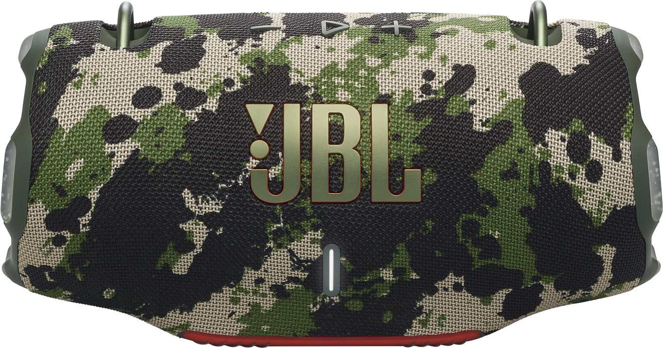 JBL hangszóró zöld álcázó dizájnnal és JBL logóval.