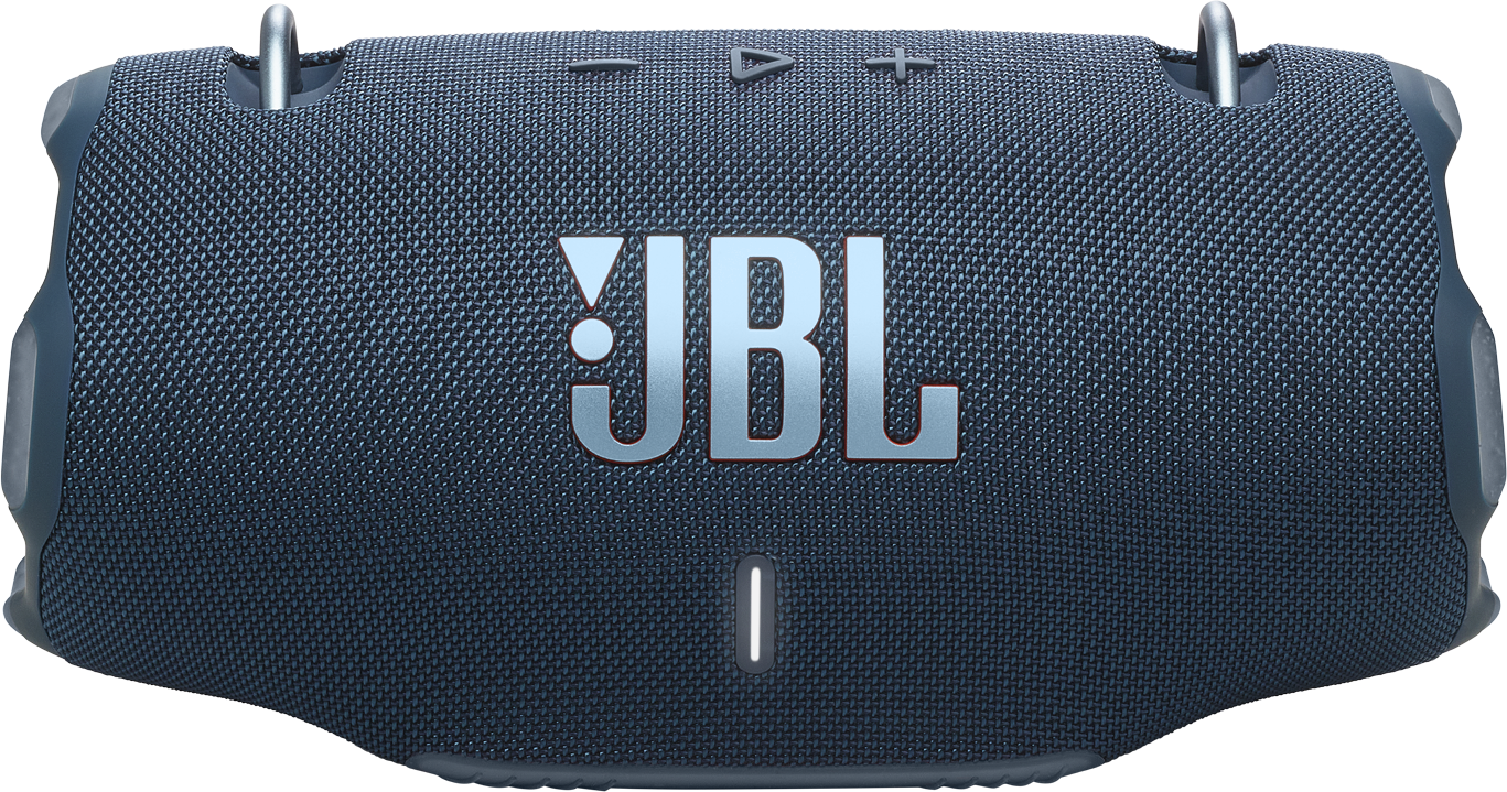 Kék JBL hangszóró JBL logóval. Téglalap alakú, fogantyúkkal.