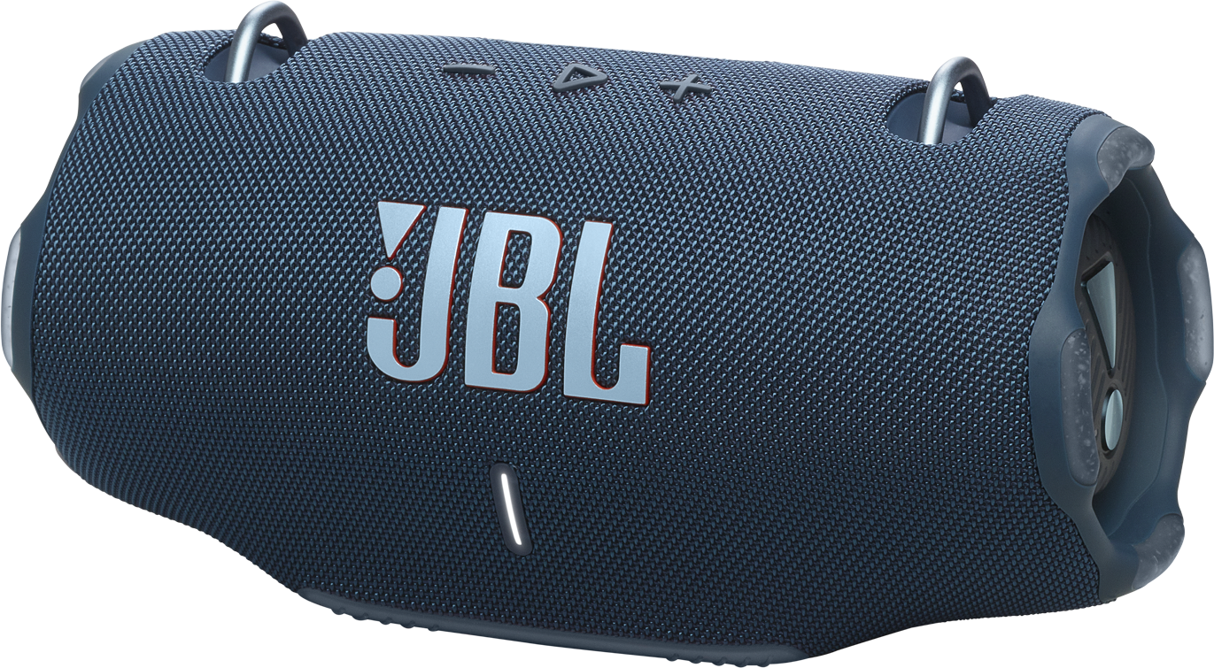 Kék-fekete JBL hangszóró ezüst fogantyúkkal és a JBL logóval.