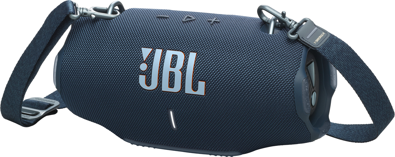 Kék JBL hangszóró pánttal, fehér háttér előtt.