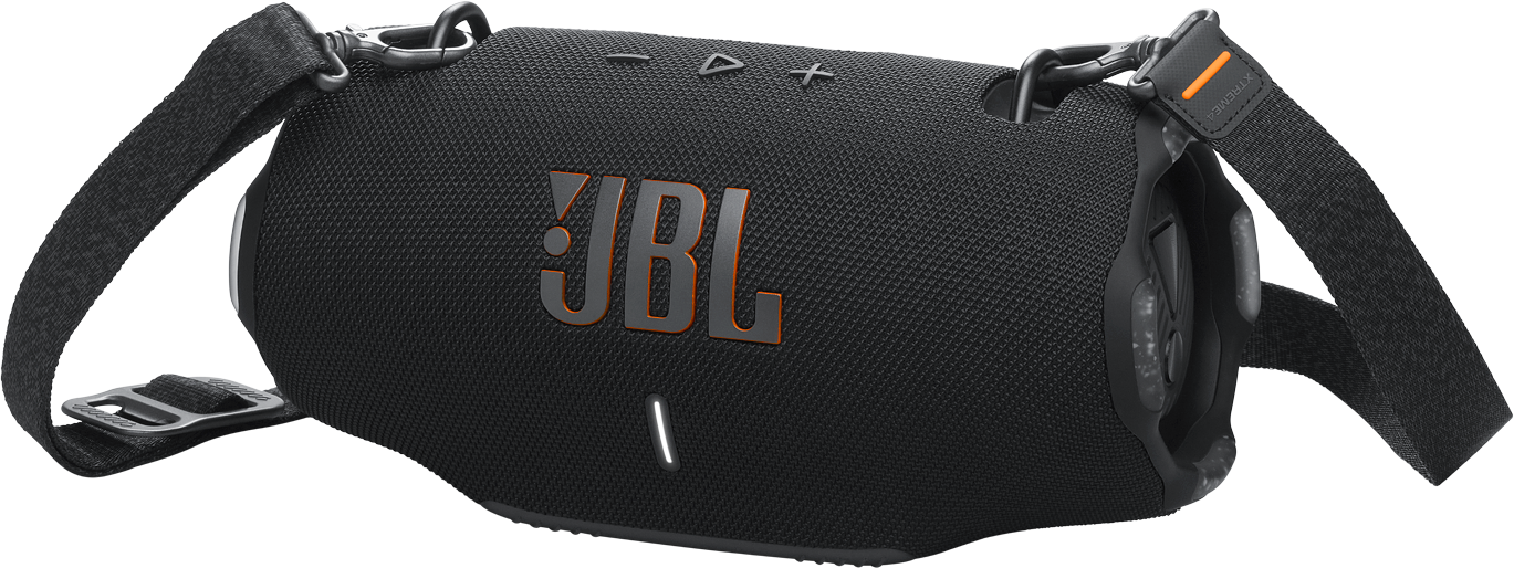 Egy fekete JBL hordozható hangszóró hordozóhevederrel, a JBL logóval.
