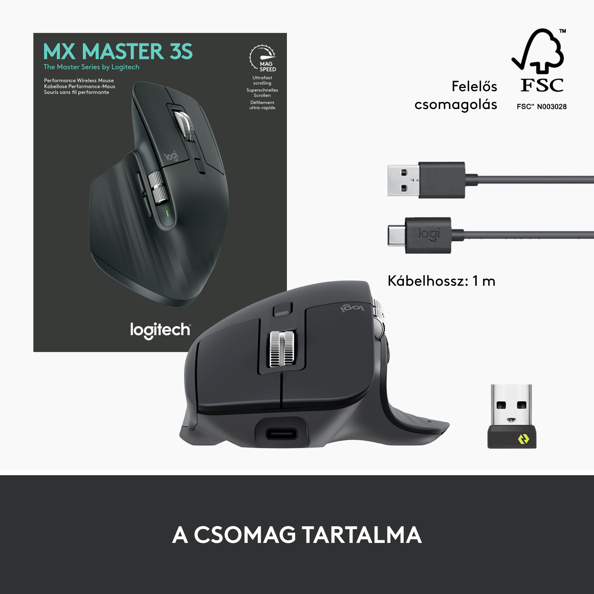 Egy Logitech MX Master 3S egér és tartozékai fehér háttéren. Az egér sötétszürke, töltőkábellel.