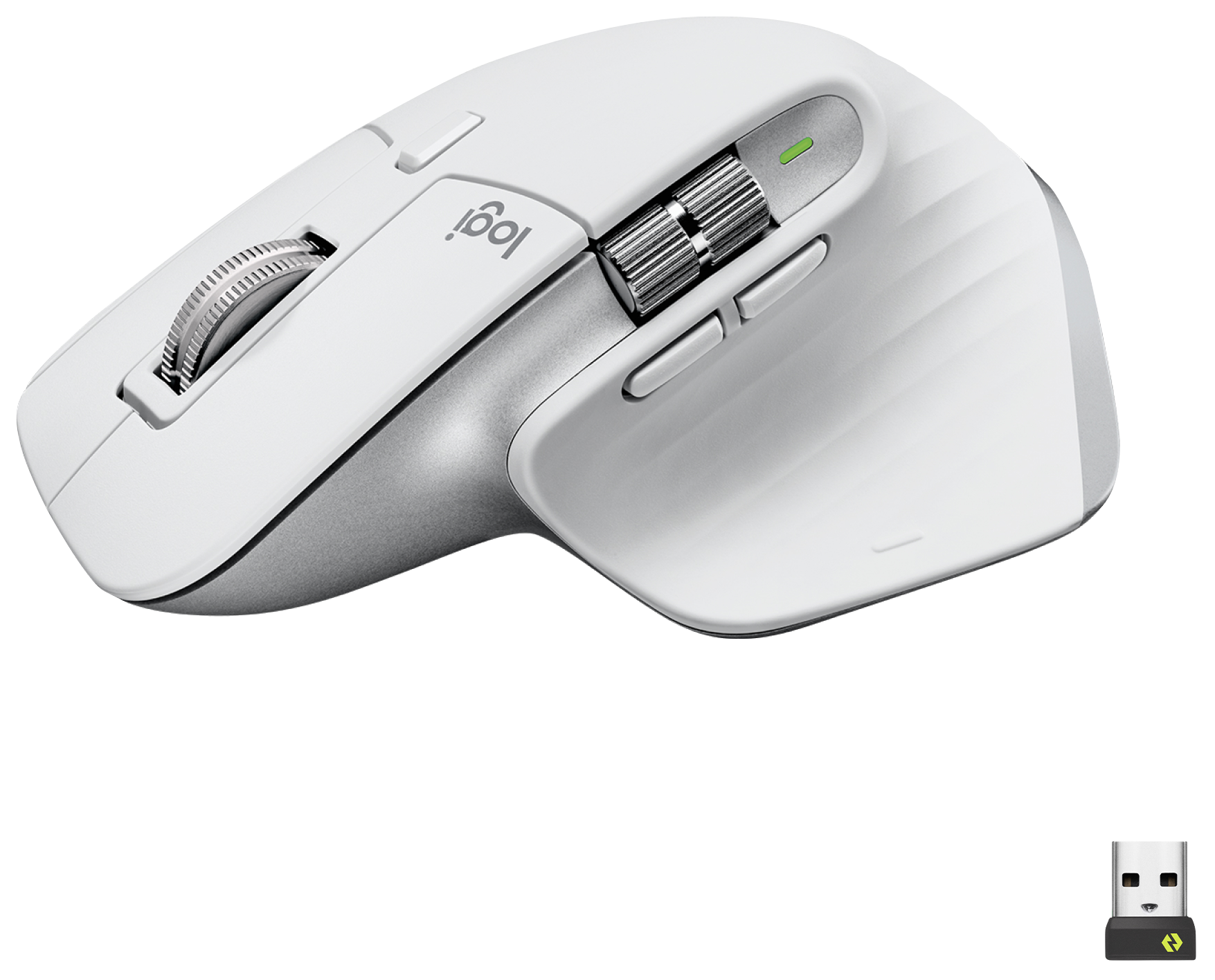 Fehér Logitech MX Master 3S egér. Ezüst díszítések, görgető kerekek. Fekete felület.