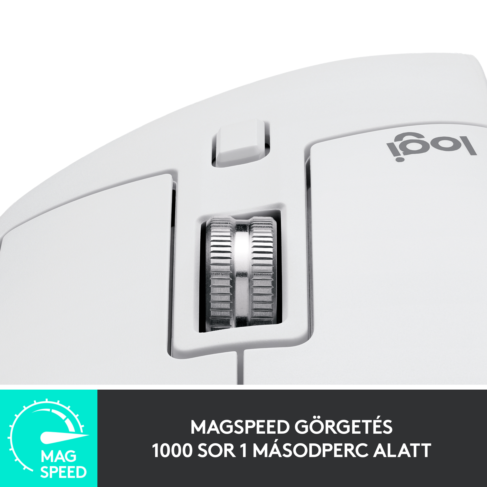 Fehér számítógépes egér görgetőkerékkel. Látható a Logitech logó.