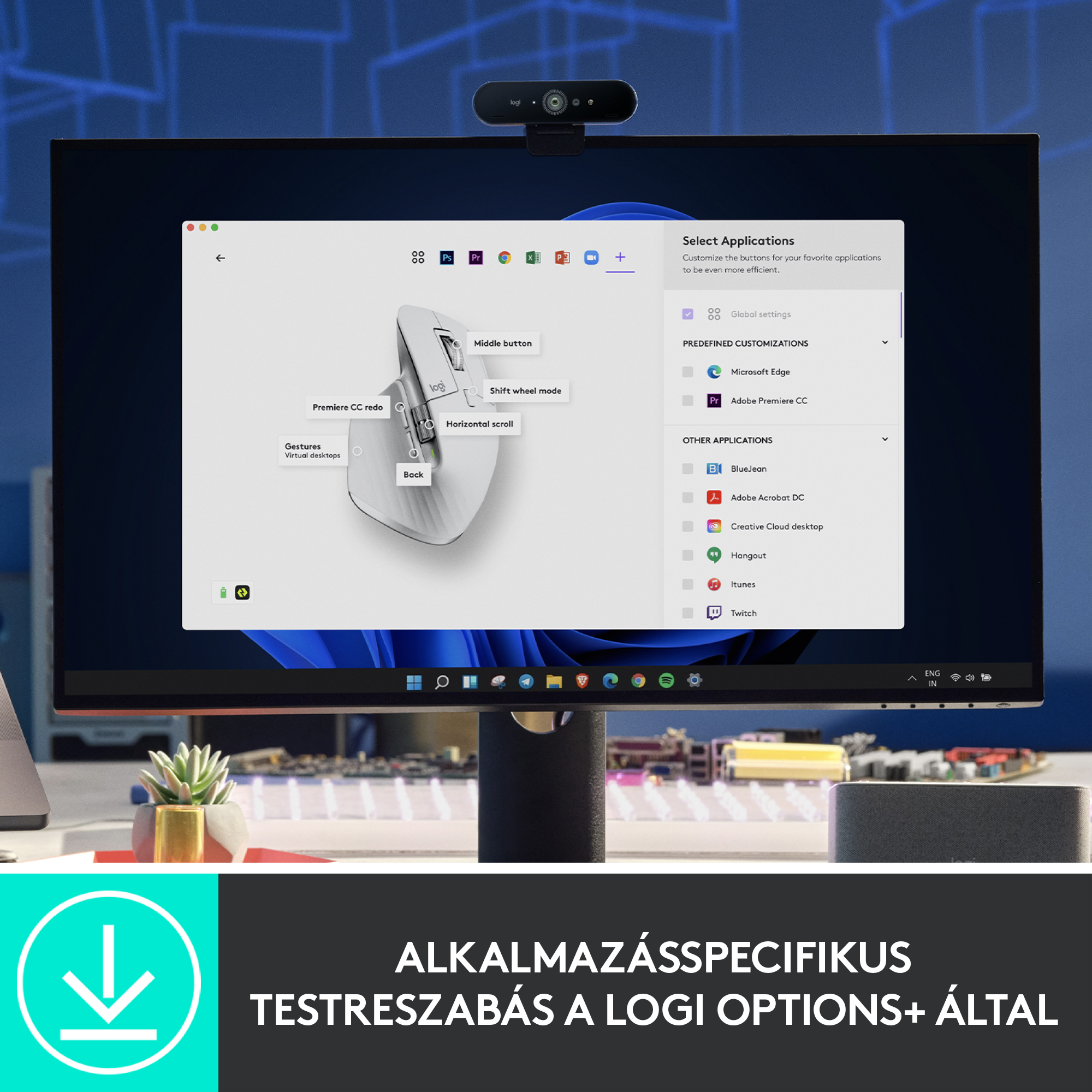 Számítógép képernyője egérbeállításokat jelenít meg, a képernyő tetején webkamerával.