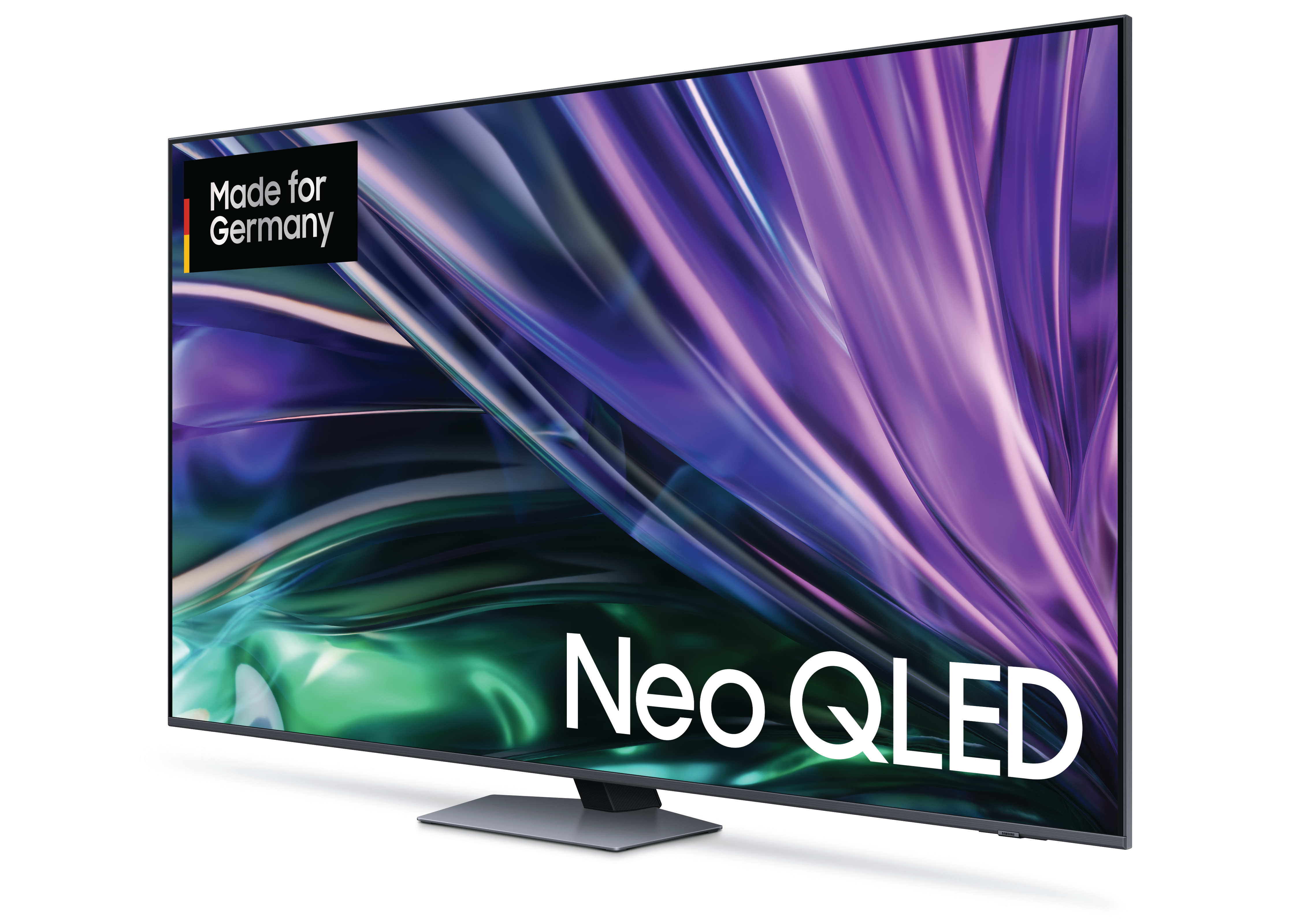 Ein Samsung Neo QLED Fernseher. Er ist eingeschaltet und zeigt ein abstraktes Muster.