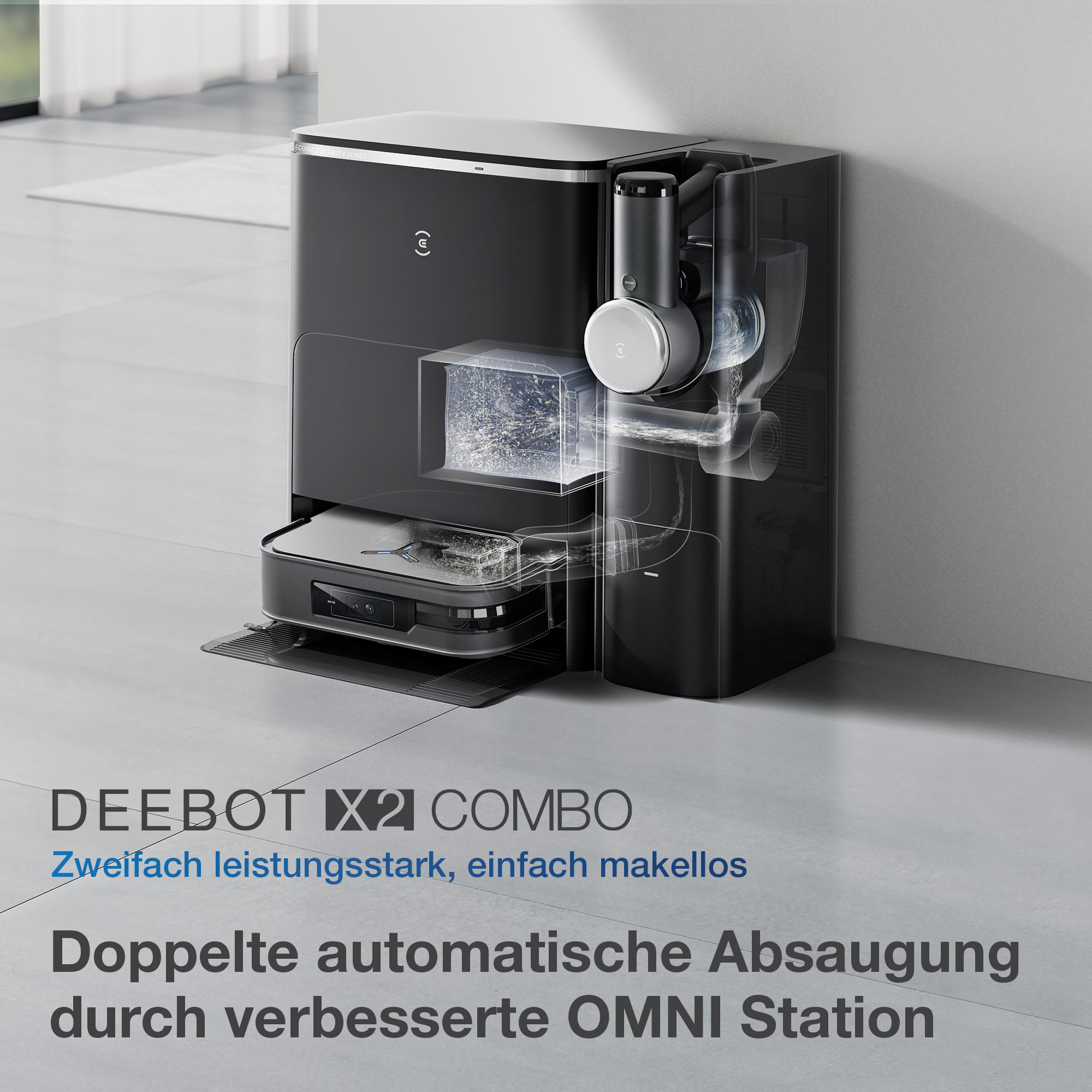 Ein schwarz-weißer Roboter-Staubsauger mit einem Ausschnitt, der interne Komponenten und Text zeigt.