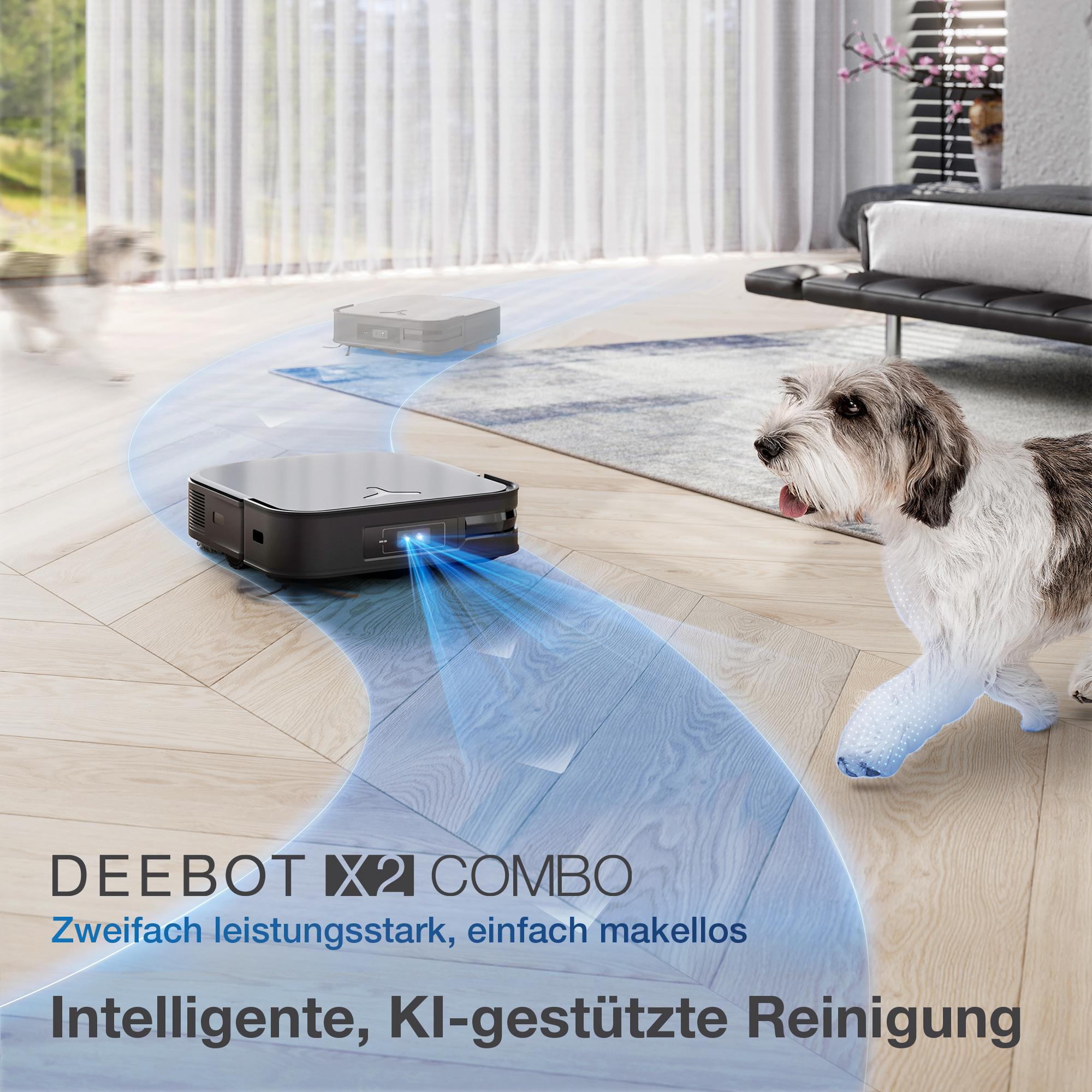 Ein schwarzer Roboter-Staubsauger mit blauem Licht und ein Hund auf einem Holzboden.