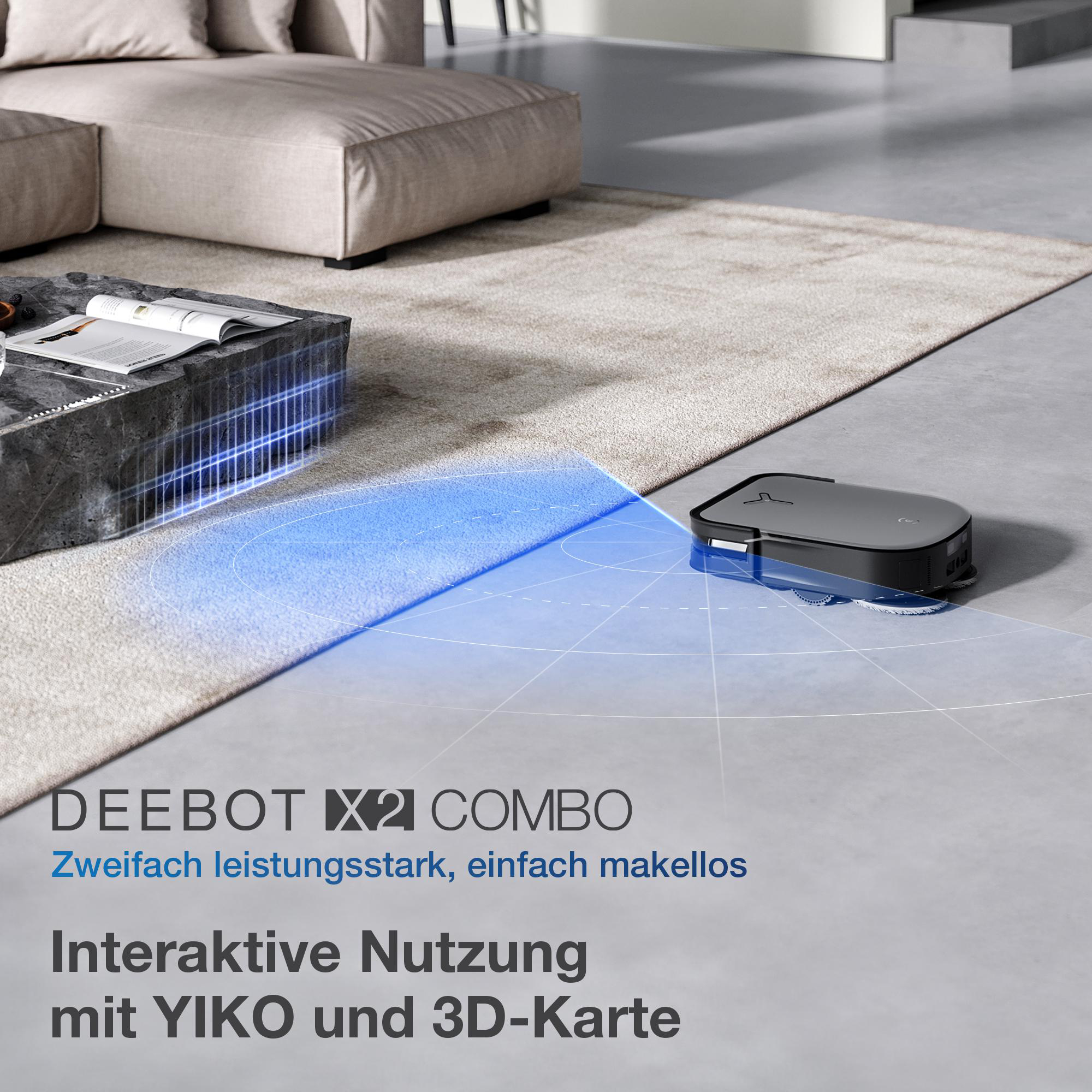 Ein Roboter-Staubsauger steht auf dem Boden, im Hintergrund eine Couch und ein Couchtisch.