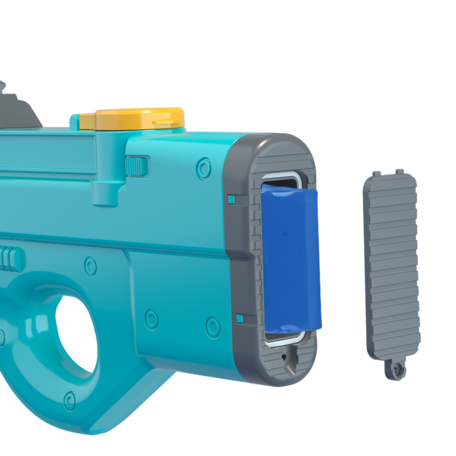 A close-up of a teal toy gun, with a blue rectangular piece.