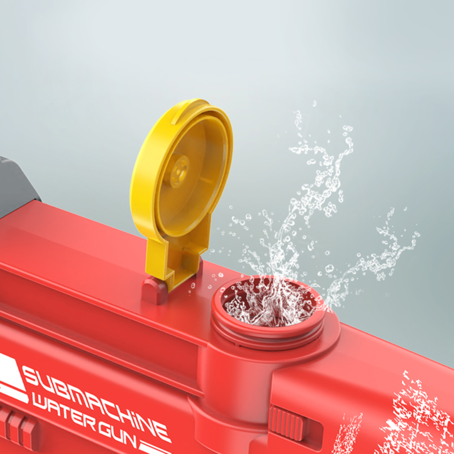 Red water gun with a yellow lid, water splashing from the nozzle.