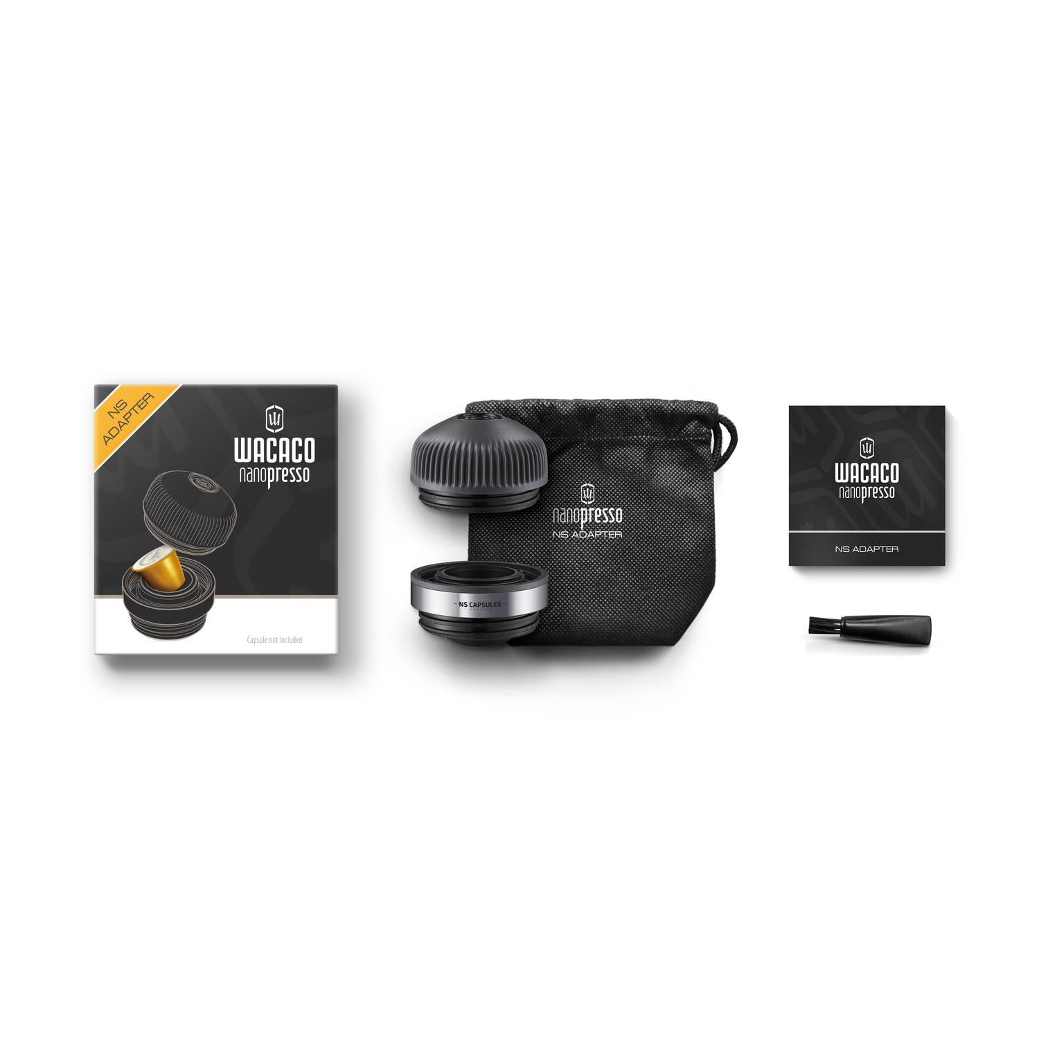 Wacaco Nanopresso coffee maker and accessories. Includes a box, bag, and brush, all on a white background.