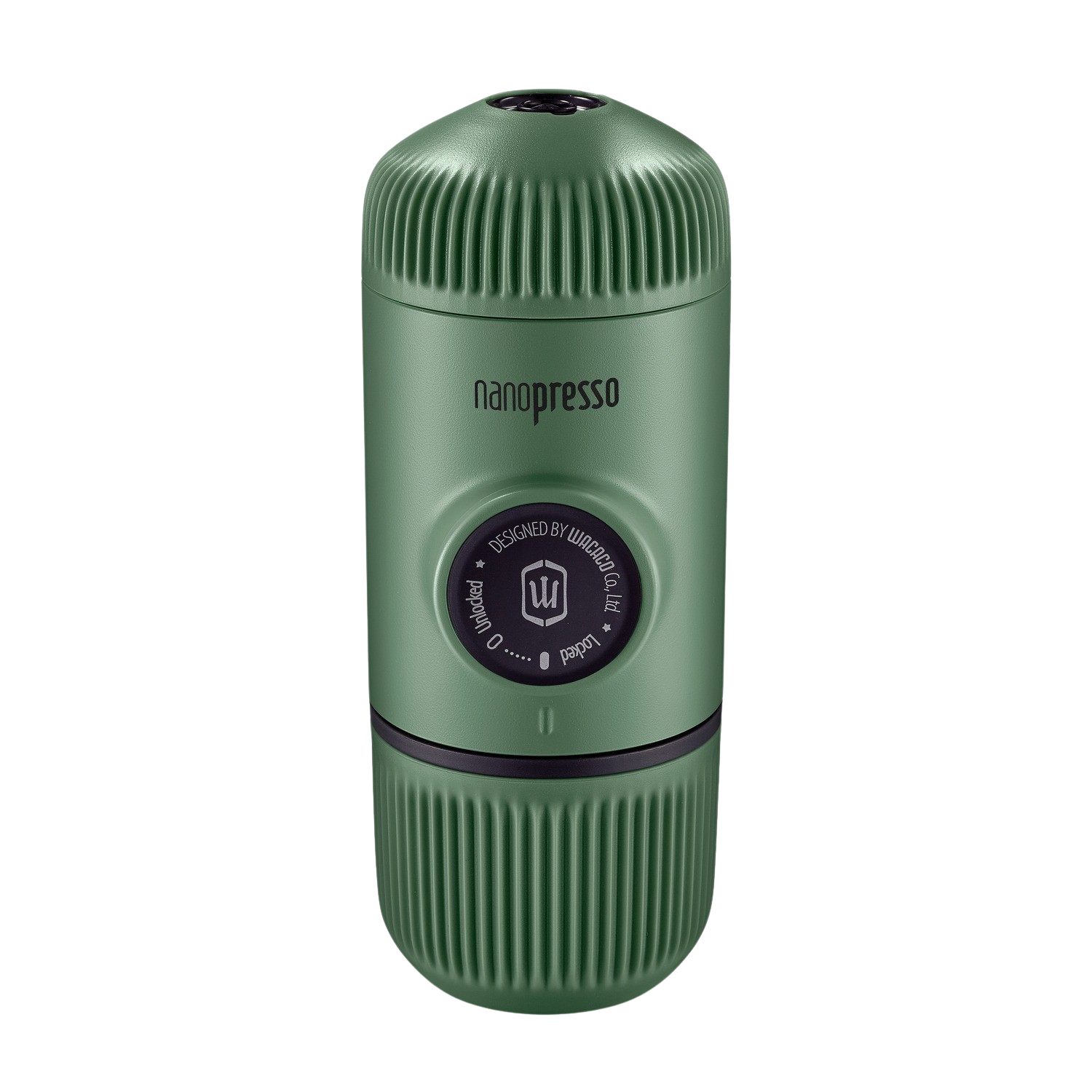 Een groene Nanopresso koffiemaker met een zwarte bovenkant, witte tekst en het 'Wacaco' logo.