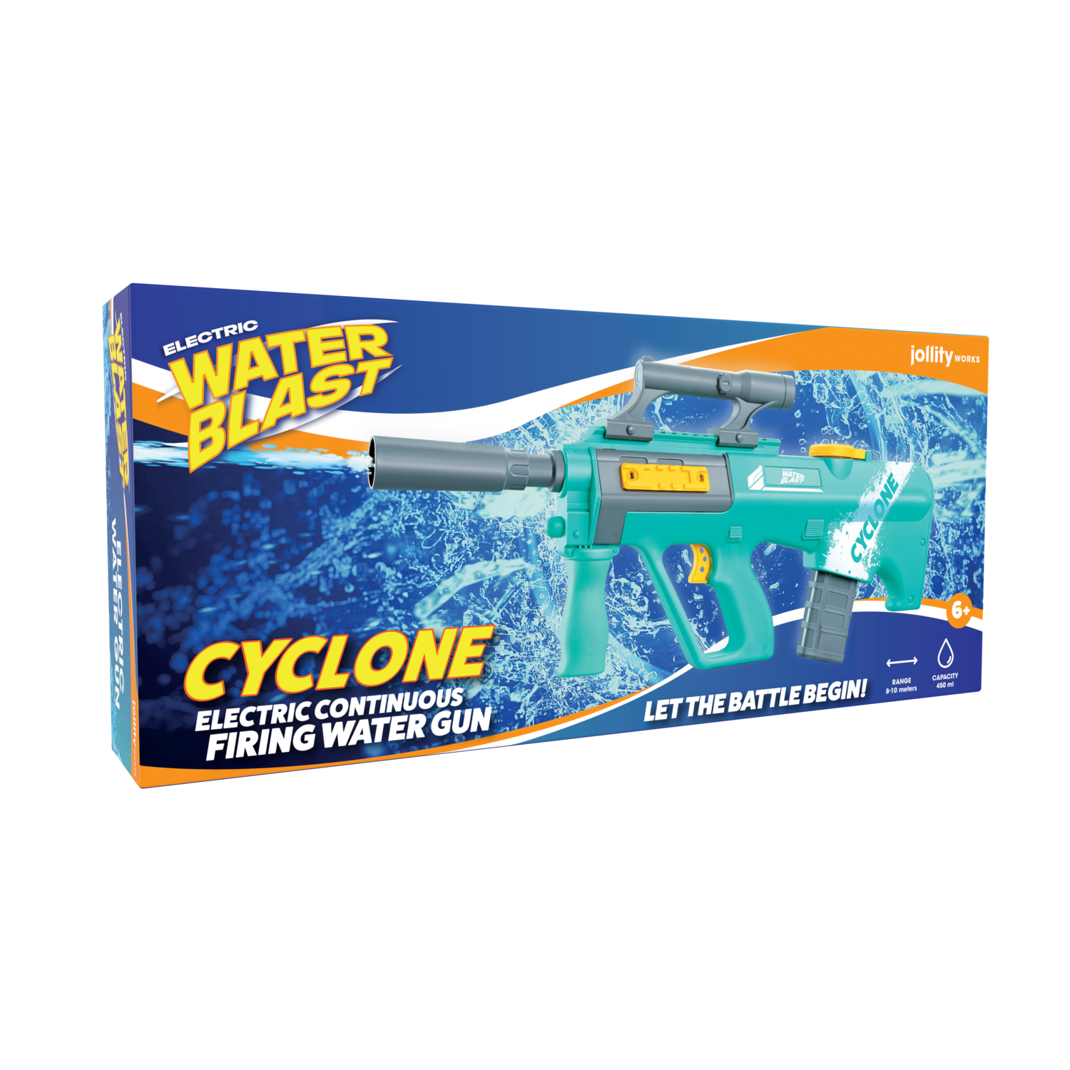 Een blauw en groen waterpistool in een doos, met de tekst 'Cyclone' en 'Electric Water Blast'.