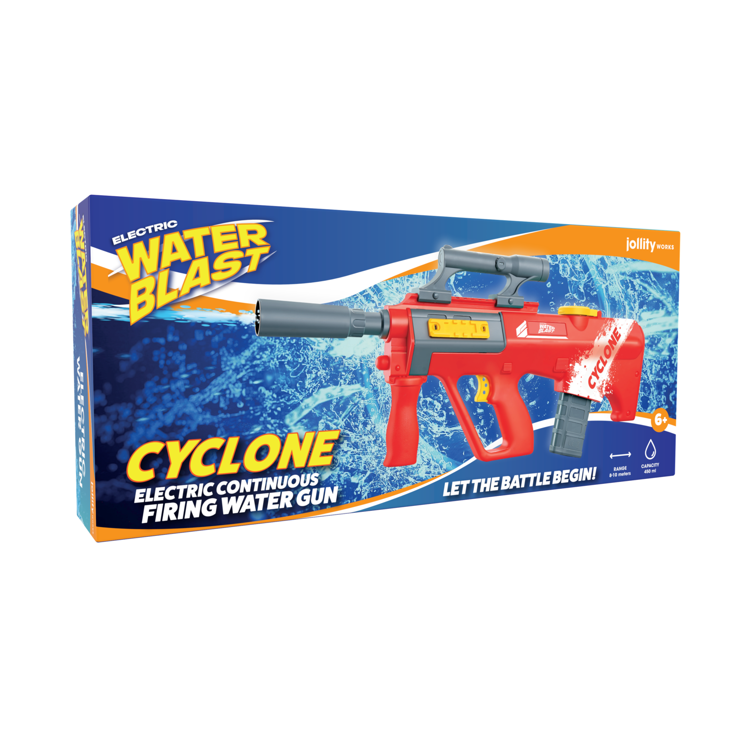Doos van een rode en gele waterpistool. Op de doos staat 'Cyclone Electric Continuous Firing Water Gun'.