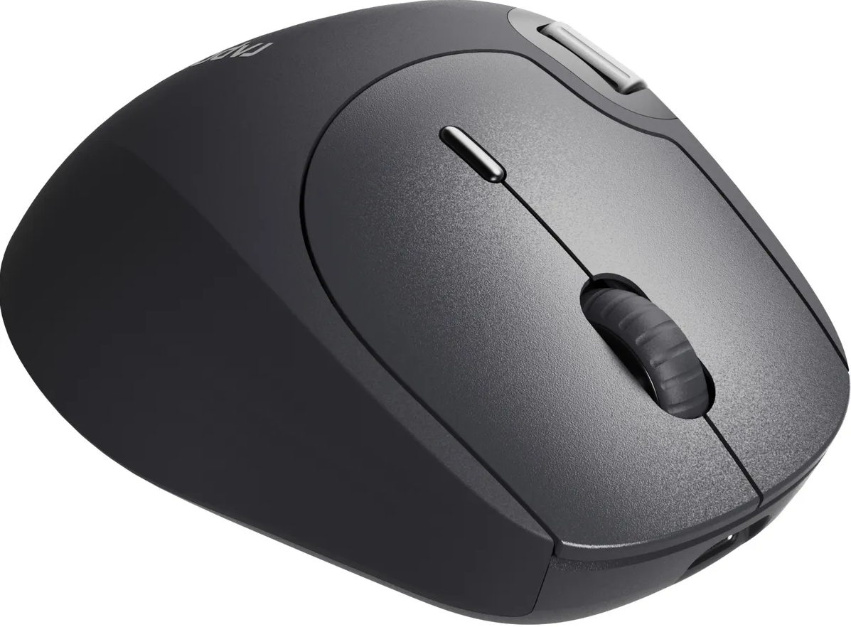 Schwarze Computermaus mit Knöpfen und einem Scrollrad.