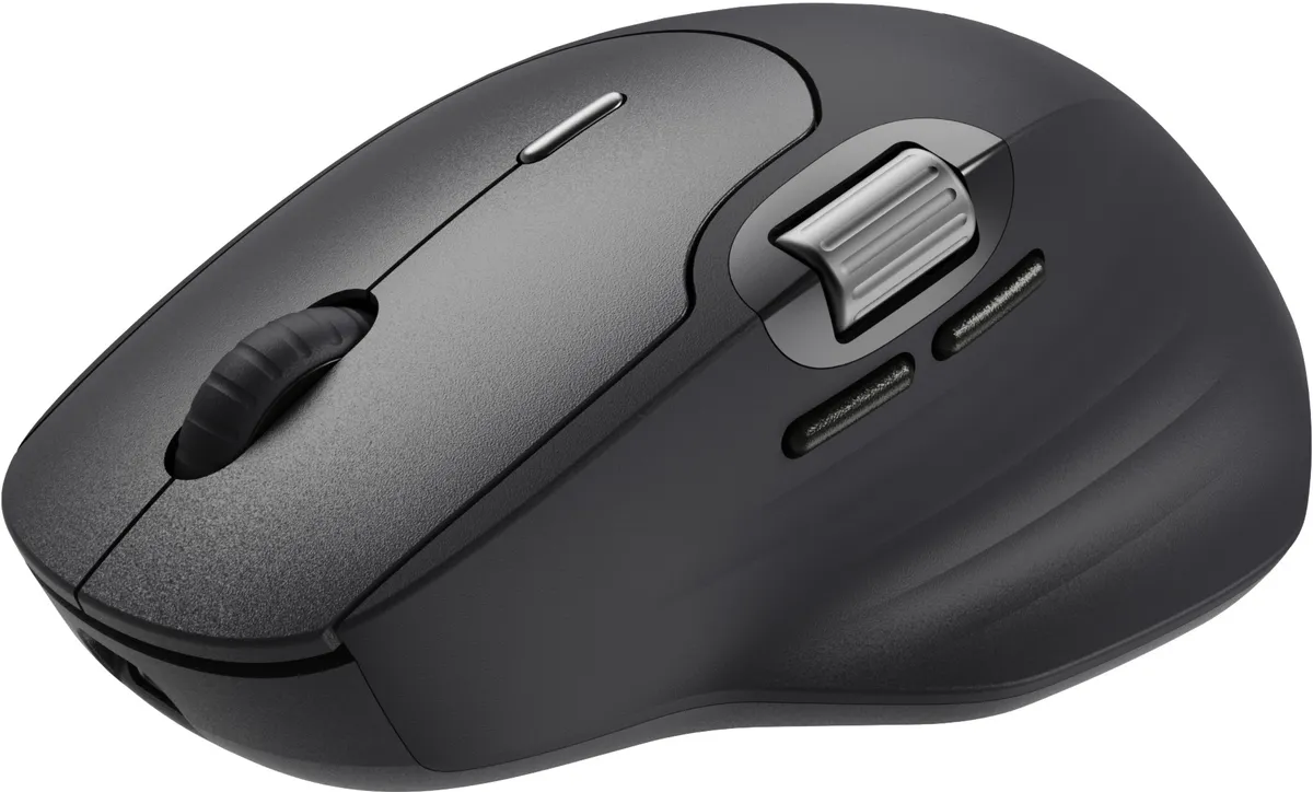 Eine dunkelgraue ergonomische Maus mit mehreren Tasten und einem Scrollrad. Für Komfort und Funktionalität konzipiert.