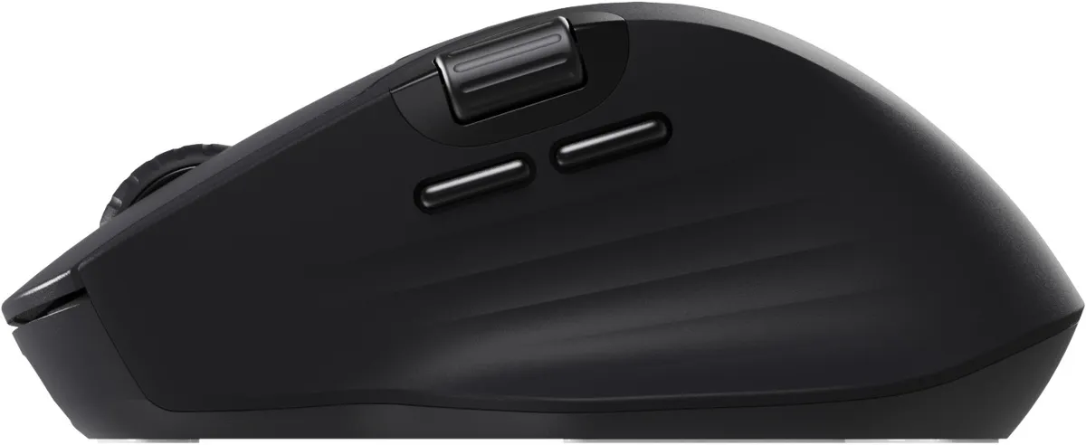 Schwarze Computermaus, Seitenansicht, mit Knöpfen.