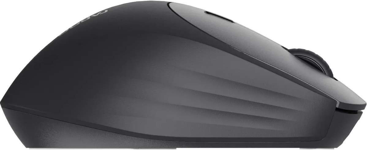 Schwarze Computermaus, Seitenansicht. Mit Scrollrad und ergonomischem Design.