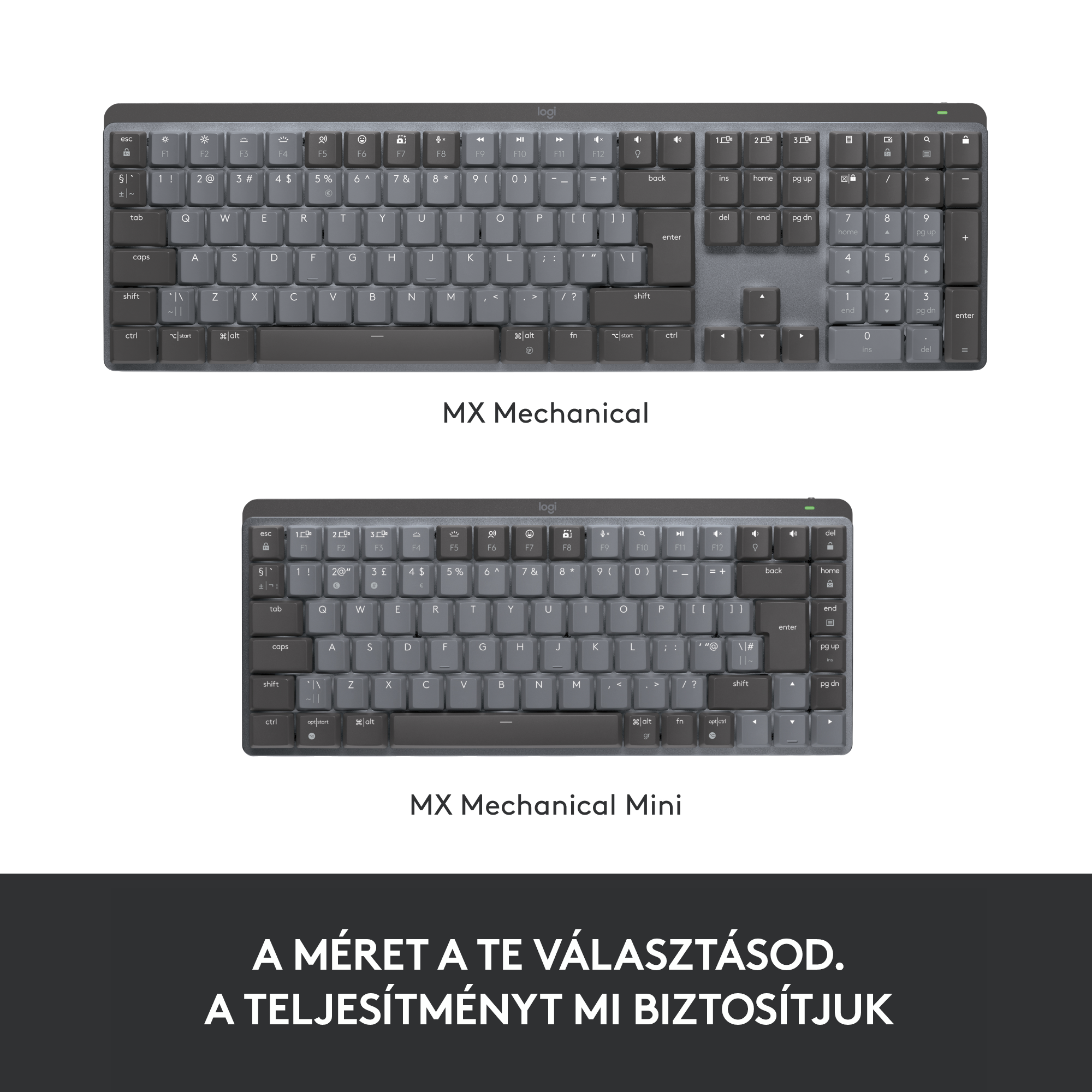 Két szürke billentyűzet: MX Mechanical és MX Mechanical Mini. Mindkettő sötétszürke gombokkal és fehér felirattal.