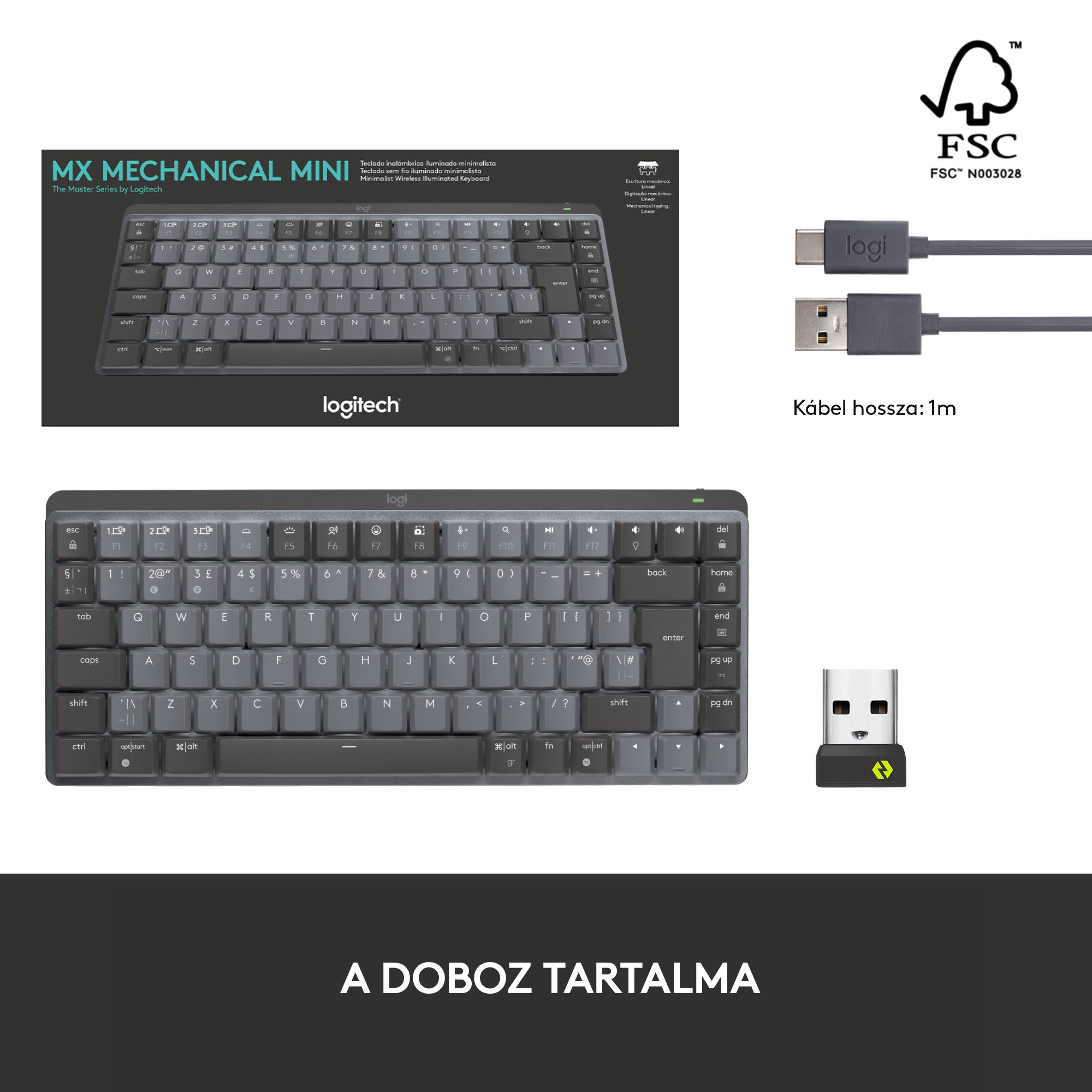 Egy szürke mechanikus billentyűzet, Logitech, USB-C és vezeték nélküli alkatrészekkel.