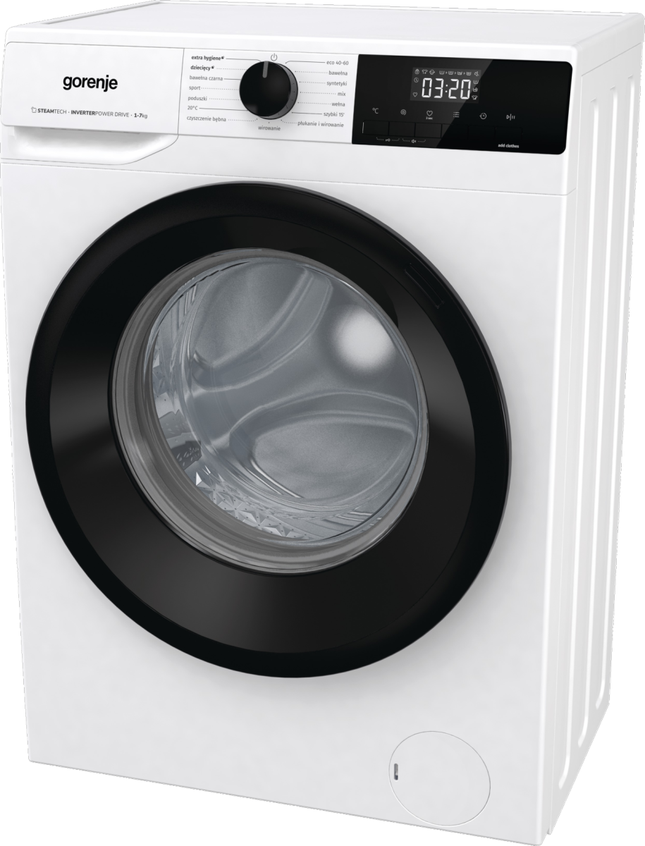 Biała pralka z czarnymi drzwiami i panelem sterowania. Maszyna stoi na jasnoszarym tle.