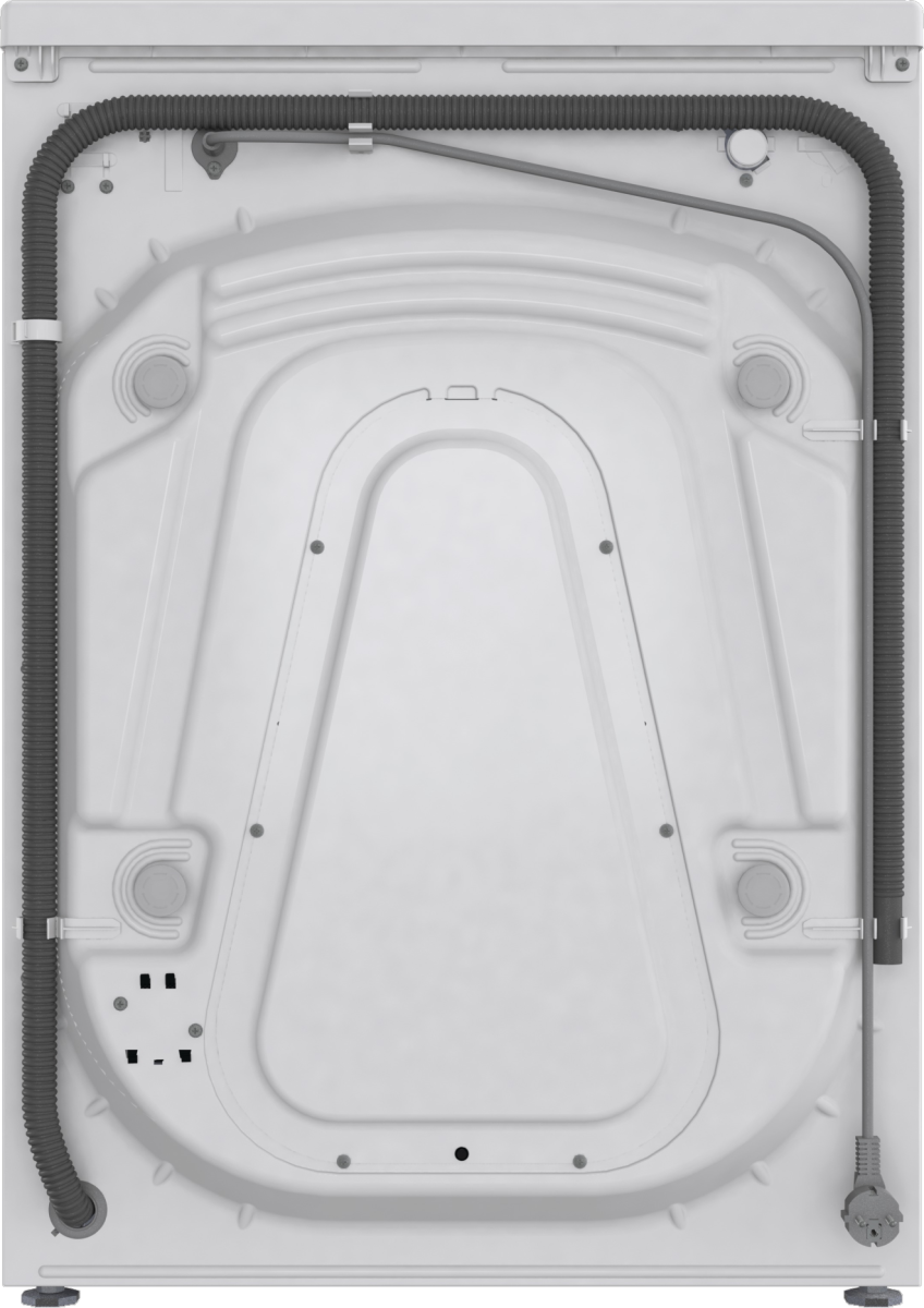 Tył białej pralki. Zawiera wąż i różne punkty połączeń.