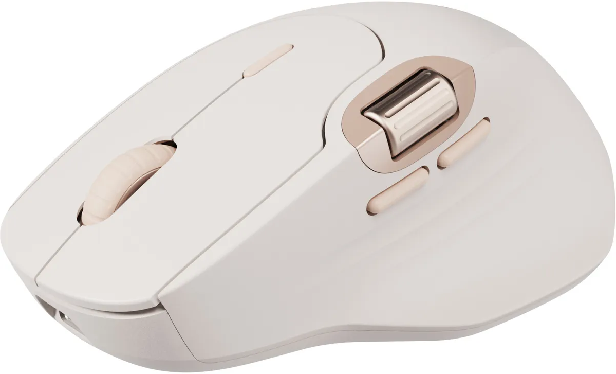 Mouse bianco e oro con pulsanti e rotella di scorrimento.