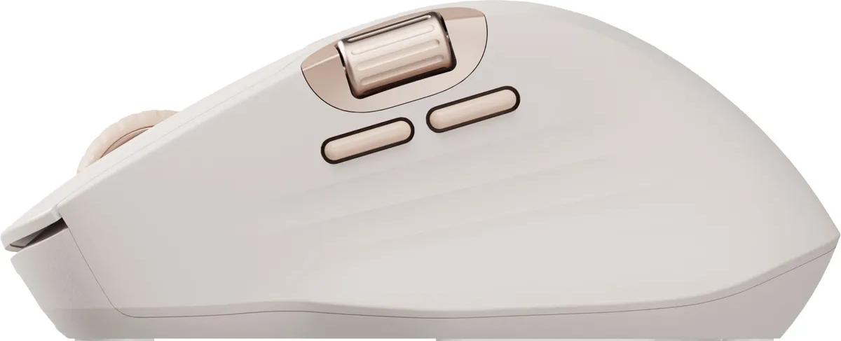 Mouse per computer bianco e oro rosa con pulsanti e rotella, su sfondo bianco.