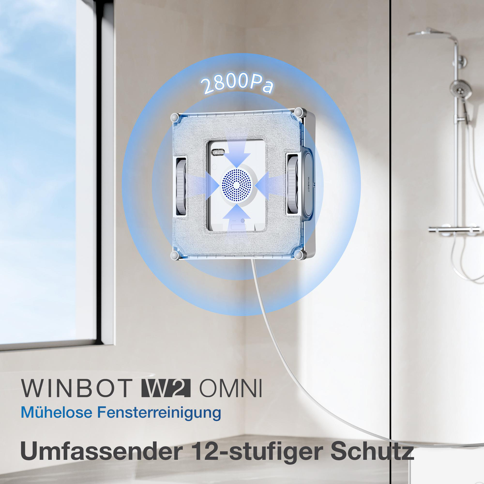 Ein Fensterreinigungsroboter an einem Fenster befestigt, mit deutschem Text zur Reinigung.
