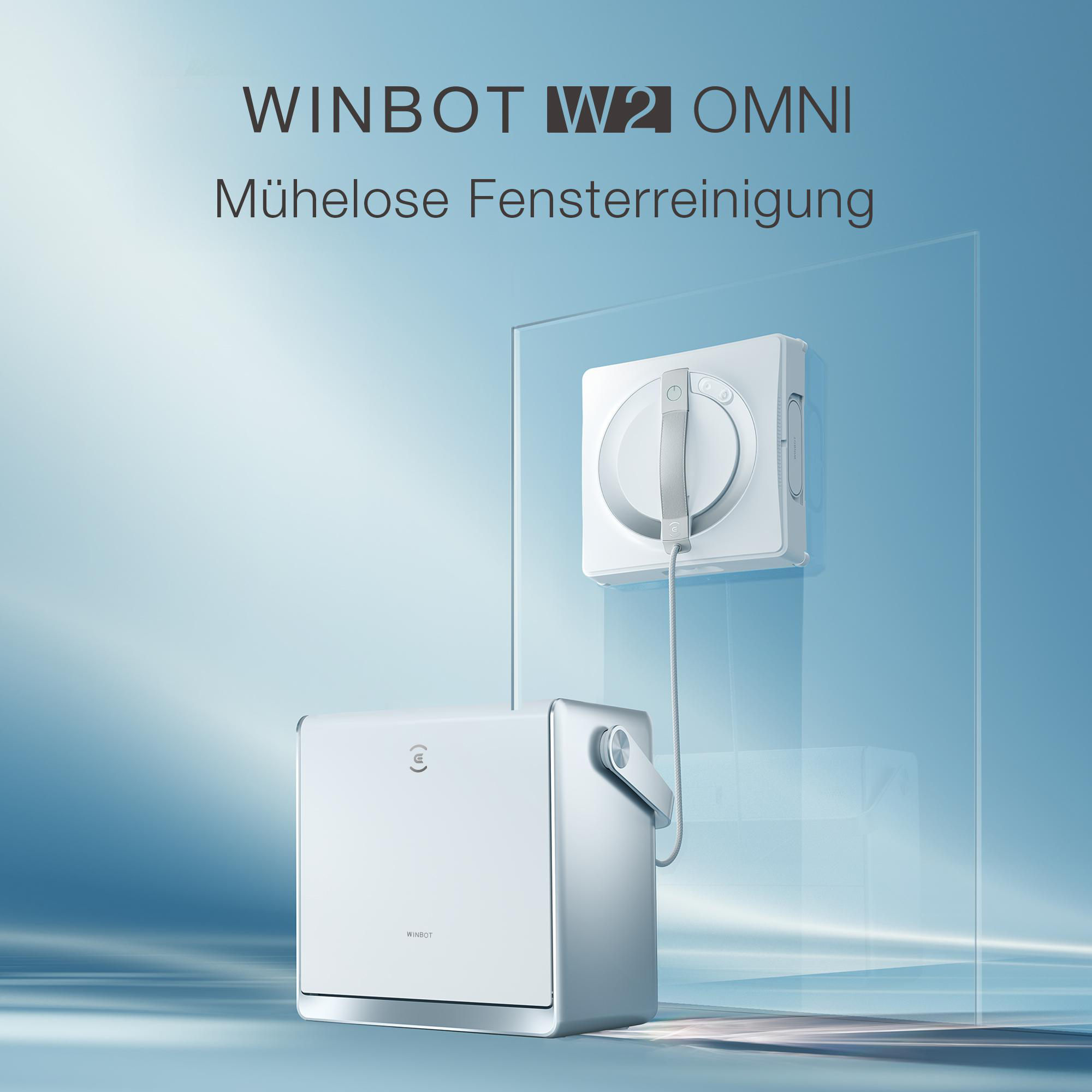 Weißer Roboter-Fensterputzer mit Behälter, reinigt eine Glasscheibe. Text: WINBOT W2 OMNI.