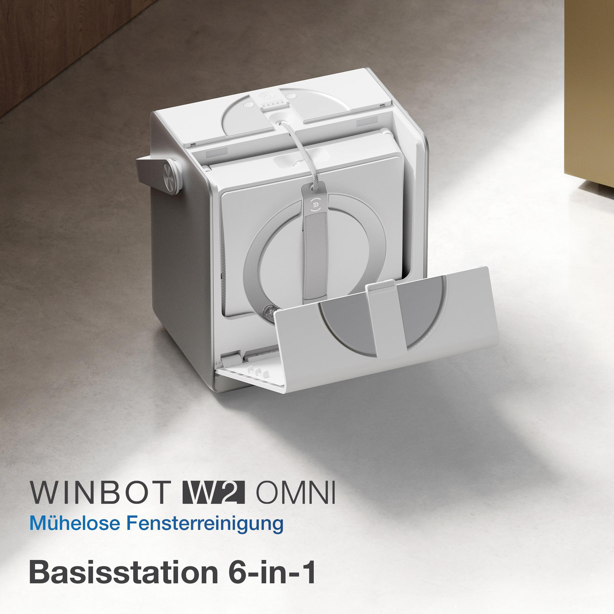 Ein weißer Fensterreinigungsroboter mit einer Basisstation.