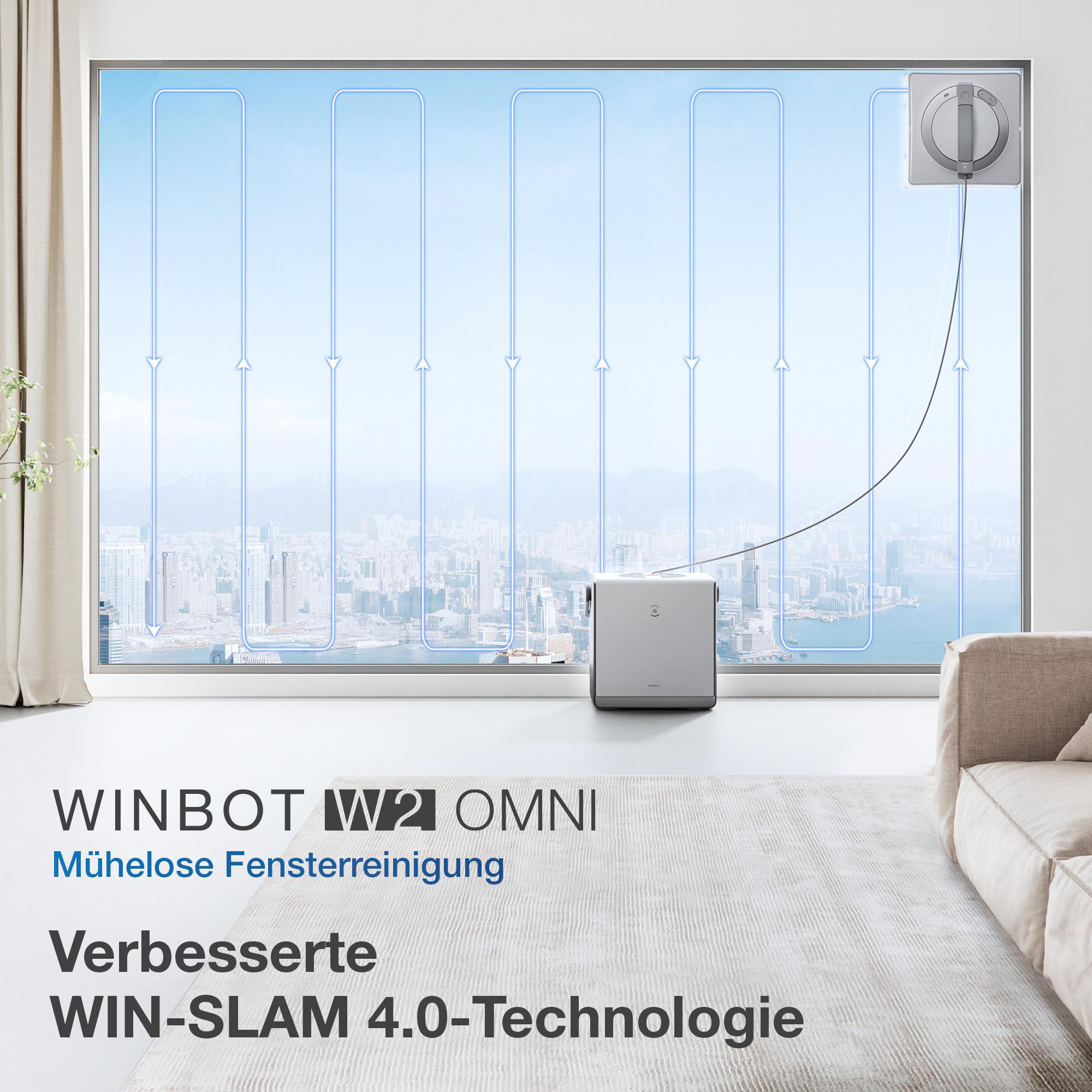 Fensterputzroboter an einem Fenster, mit Blick auf eine Stadtlandschaft.