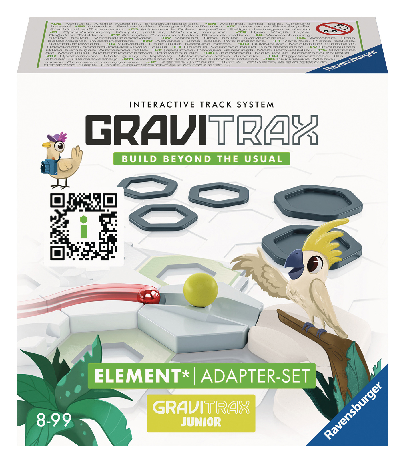 Box mit einem Streckensystem-Set, einschließlich eines gelben Vogels und einer roten Kugel. Der Text beinhaltet 'GRAVITRAX'.