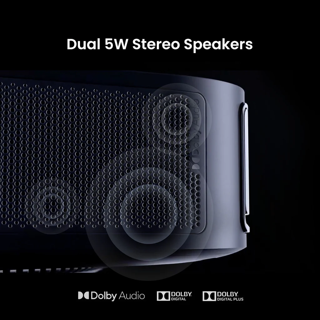 Nahaufnahme eines Lautsprechers mit Mesh-Design, zeigt Dolby Audio und Digital Logos.