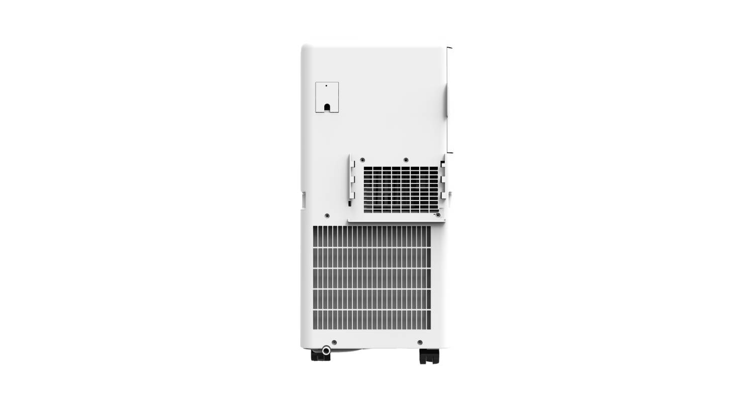 Un electrodoméstico blanco de estilo industrial desde un lado. Tiene rejillas y un panel lateral.