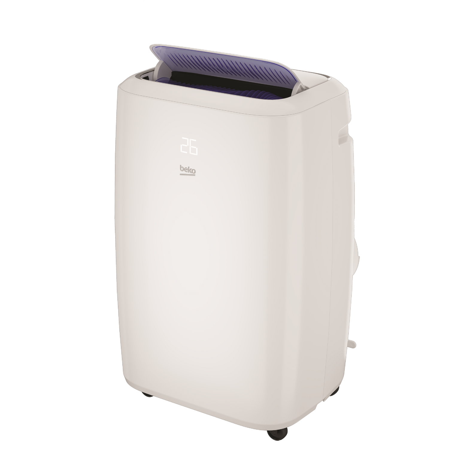Aire acondicionado Beko blanco con pantalla digital, vista superior, ventilación abierta.