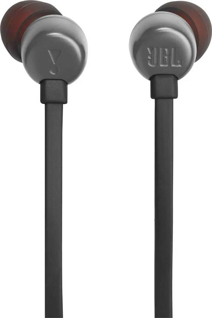 Auriculares JBL negros con punta roja, inclinados hacia arriba.