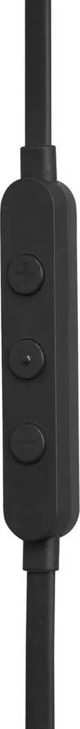 Un control de auriculares negro con tres botones a lo largo de un vástago negro.